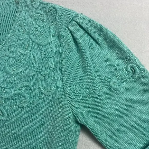 Jaclyn Smith Sweater Womens S Embroidered Turquoise Knit V-Neck Sweater Vintage - Picture 4 of 10